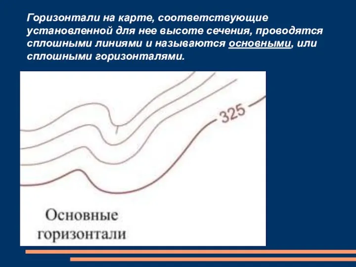 Горизонтали на карте, соответствующие установленной для нее высоте сечения, проводятся сплошными линиями