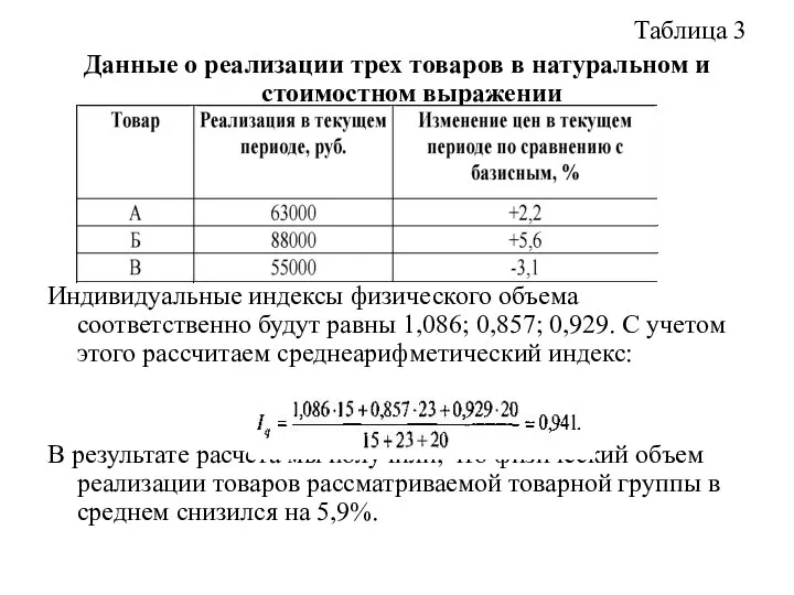 Таблица 3 Данные о реализации трех товаров в натуральном и стоимостном выражении