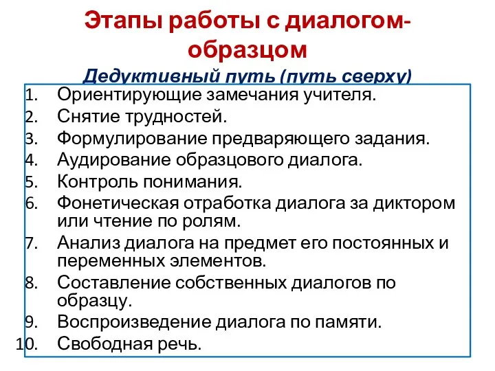 Этапы работы с диалогом-образцом Дедуктивный путь (путь сверху) Ориентирующие замечания учителя. Снятие