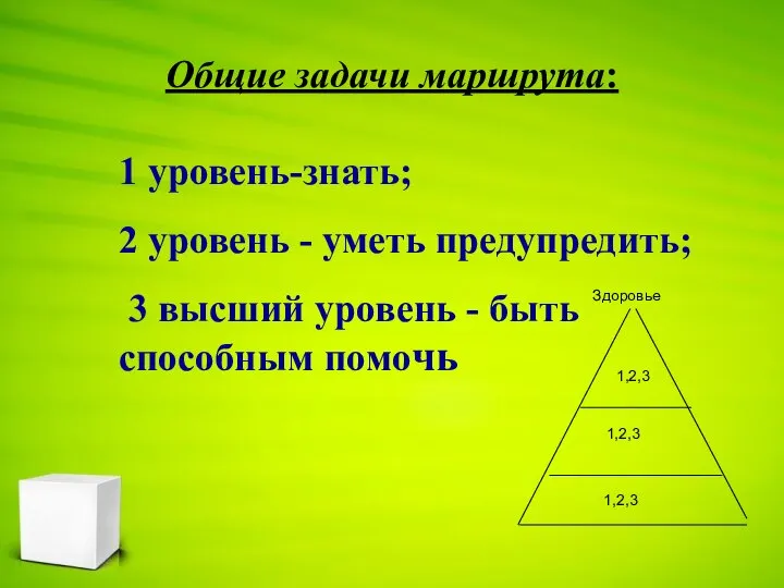 Общие задачи маршрута: 1 уровень-знать; 2 уровень - уметь предупредить; 3 высший