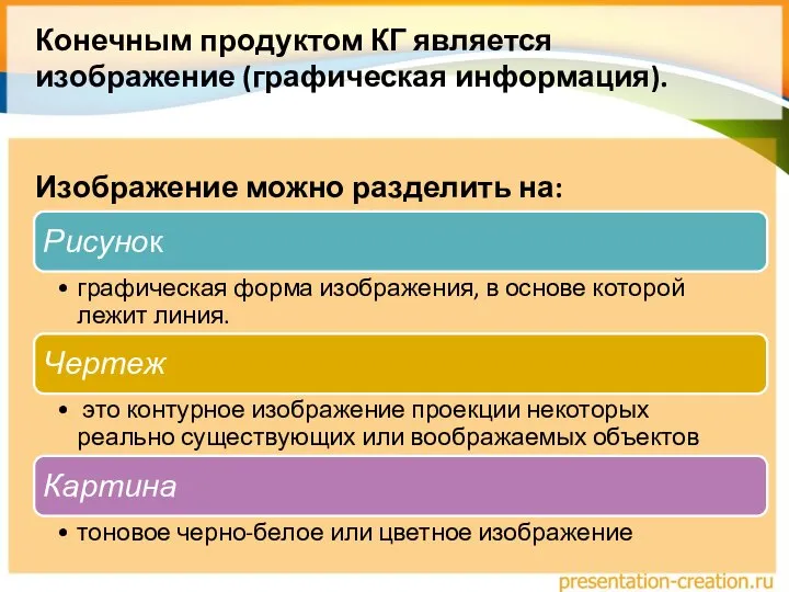 Конечным продуктом КГ является изображение (графическая информация). Изображение можно разделить на: