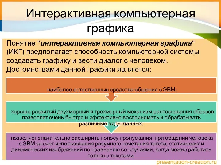 Интерактивная компьютерная графика Понятие "интерактивная компьютерная графика" (ИКГ) предполагает способность компьютерной системы