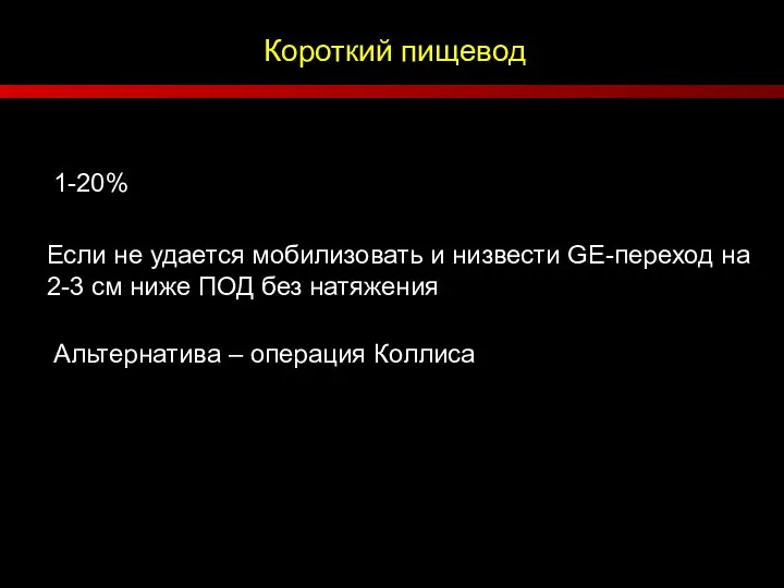 Короткий пищевод 1-20% Если не удается мобилизовать и низвести GE-переход на 2-3