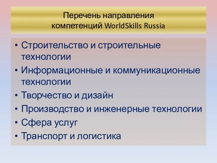 Перечень направления компетенций WorldSkills Russia Строительство и строительные технологии Информационные и коммуникационные