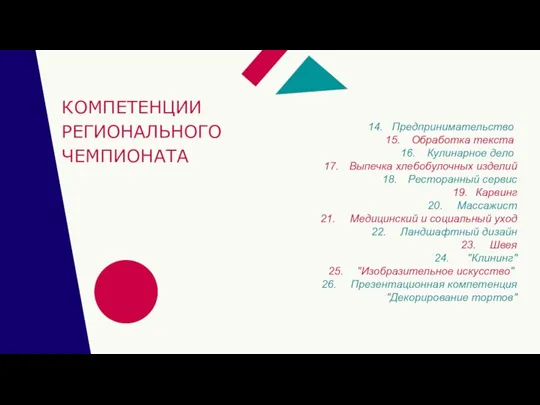 КОМПЕТЕНЦИИ РЕГИОНАЛЬНОГО ЧЕМПИОНАТА Предпринимательство Обработка текста Кулинарное дело Выпечка хлебобулочных изделий Ресторанный