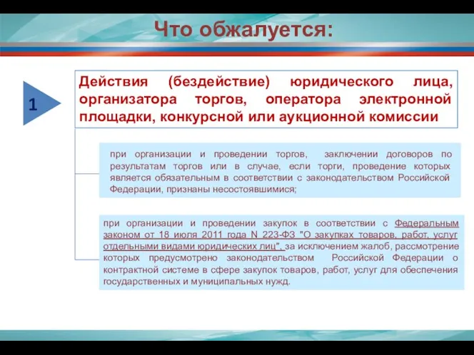 Что обжалуется: Действия (бездействие) юридического лица, организатора торгов, оператора электронной площадки, конкурсной