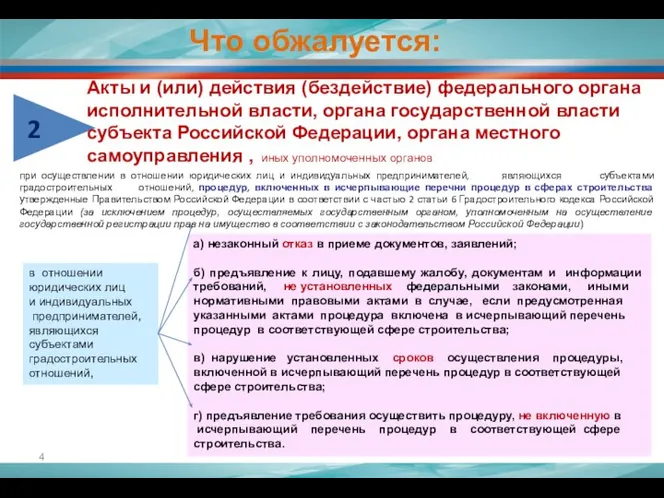 2 Что обжалуется: а) незаконный отказ в приеме документов, заявлений; б) предъявление