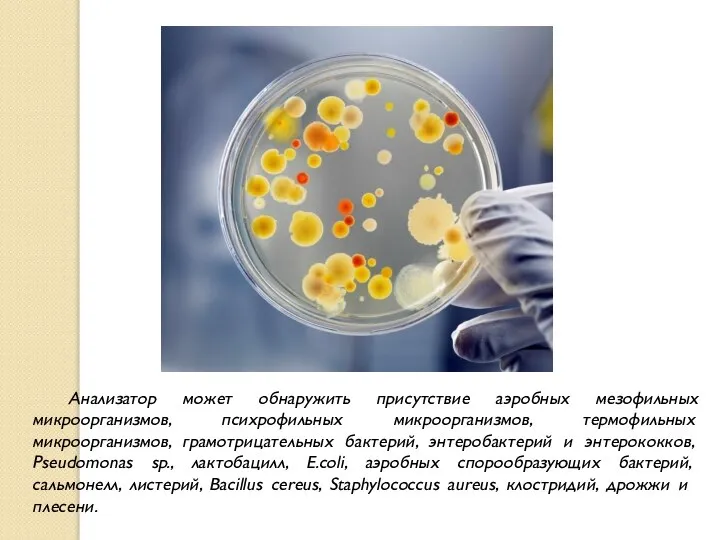 Анализатор может обнаружить присутствие аэробных мезофильных микроорганизмов, психрофильных микроорганизмов, термофильных микроорганизмов, грамотрицательных