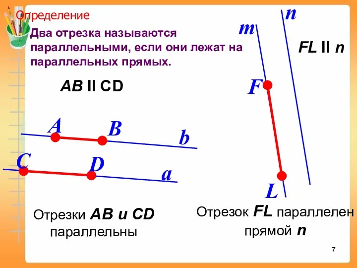 Два отрезка называются параллельными, если они лежат на параллельных прямых. a b