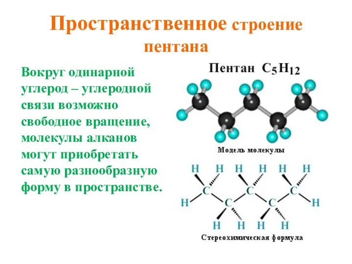 Пространственное строение пентана Вокруг одинарной углерод – углеродной связи возможно свободное вращение,