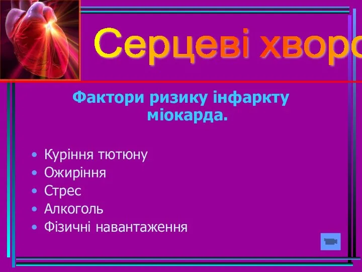 Серцеві хвороби Фактори ризику інфаркту міокарда. Куріння тютюну Ожиріння Стрес Алкоголь Фізичні навантаження