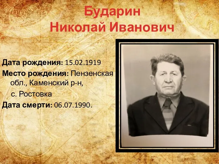 Бударин Николай Иванович Дата рождения: 15.02.1919 Место рождения: Пензенская обл., Каменский р-н,