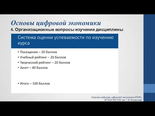 Основы цифровой экономики 4. Организационные вопросы изучения дисциплины Базовая кафедра цифровой экономики