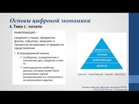 Основы цифровой экономики 6. Тема 1 - начало Базовая кафедра цифровой экономики