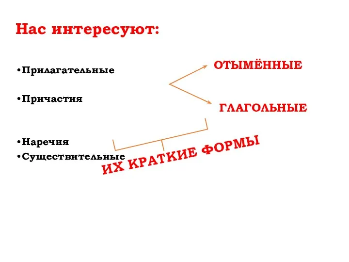 Нас интересуют: Прилагательные Причастия Наречия Существительные ОТЫМЁННЫЕ ГЛАГОЛЬНЫЕ ИХ КРАТКИЕ ФОРМЫ