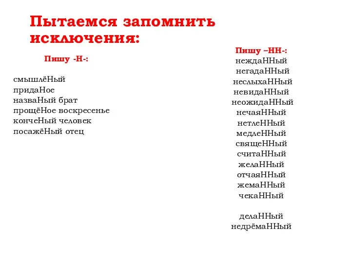 Пытаемся запомнить исключения: Пишу -Н-: смышлёНый придаНое назваНый брат прощёНое воскресенье кончеНый