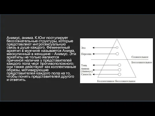 Анимус, анима. К.Юнг постулирует бессознательные структуры, которые представляют интросексуальную связь в душе