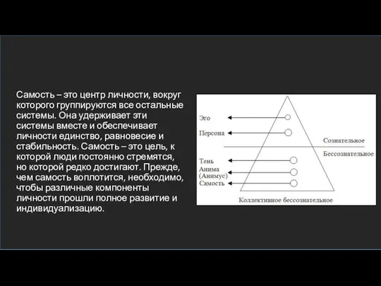 Самость – это центр личности, вокруг которого группируются все остальные системы. Она