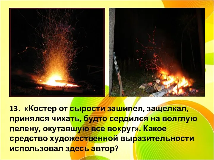 13. «Костер от сырости зашипел, защелкал, принялся чихать, будто сердился на волглую