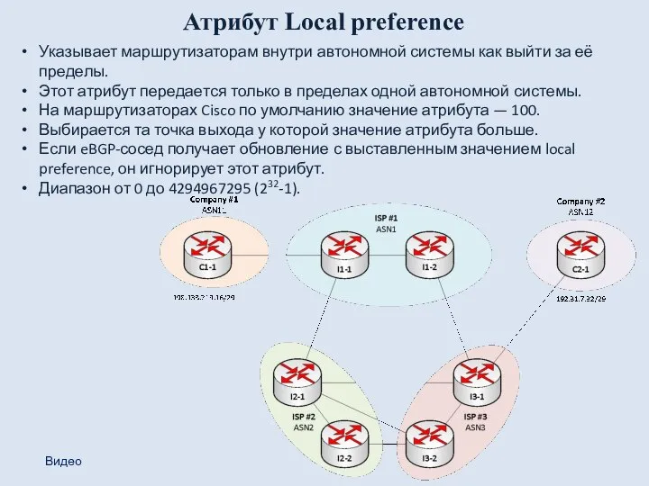 Атрибут Local preference Указывает маршрутизаторам внутри автономной системы как выйти за её