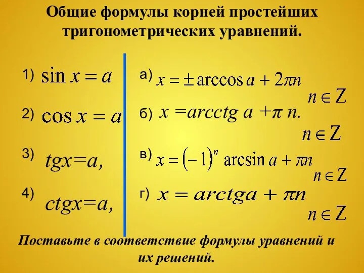 Общие формулы корней простейших тригонометрических уравнений. 1) 2) 3) 4) а) б)