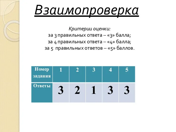 Взаимопроверка Критерии оценки: за 3 правильных ответа – «3» балла; за 4