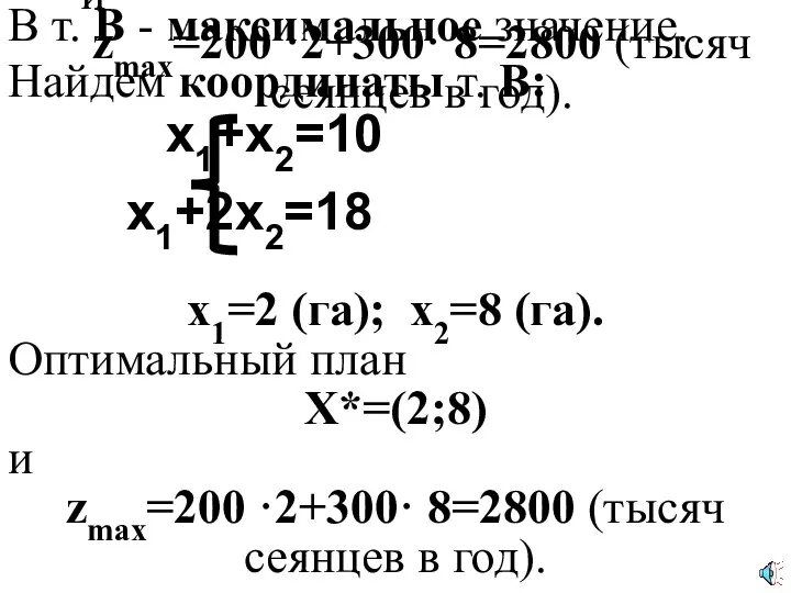 x1=2 (га); x2=8 (га). Оптимальный план X*=(2;8) и zmax=200 ·2+300· 8=2800 (тысяч