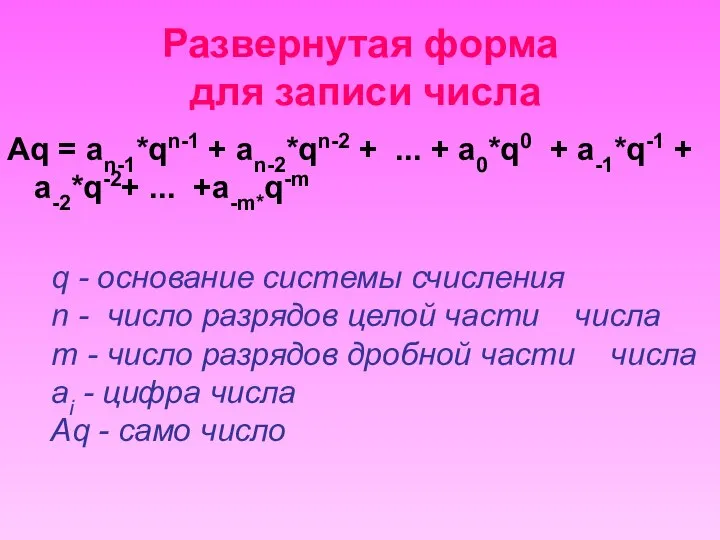 Развернутая форма для записи числа Aq = an-1*qn-1 + an-2*qn-2 + ...