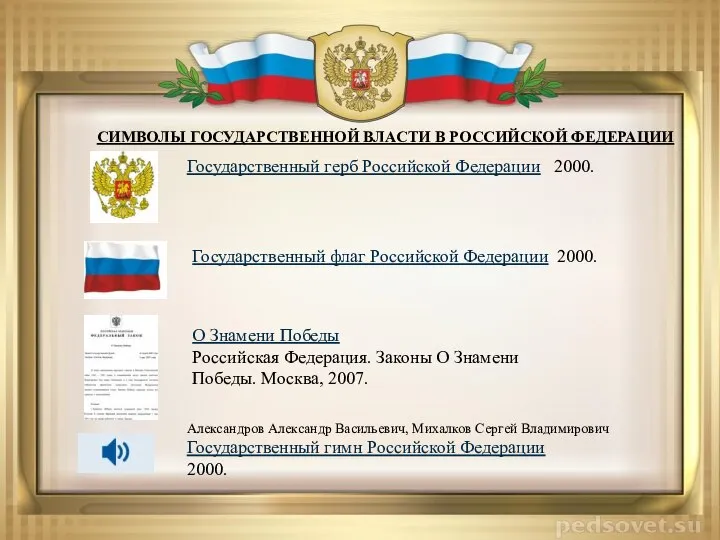 СИМВОЛЫ ГОСУДАРСТВЕННОЙ ВЛАСТИ В РОССИЙСКОЙ ФЕДЕРАЦИИ Государственный герб Российской Федерации 2000. Государственный