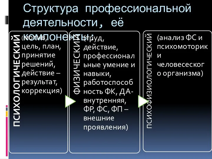 Структура профессиональной деятельности, её компоненты: