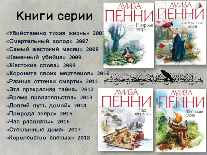 Книги серии «Убийственно тихая жизнь» 2005 «Смертельный холод» 2007 «Самый жестокий месяц»