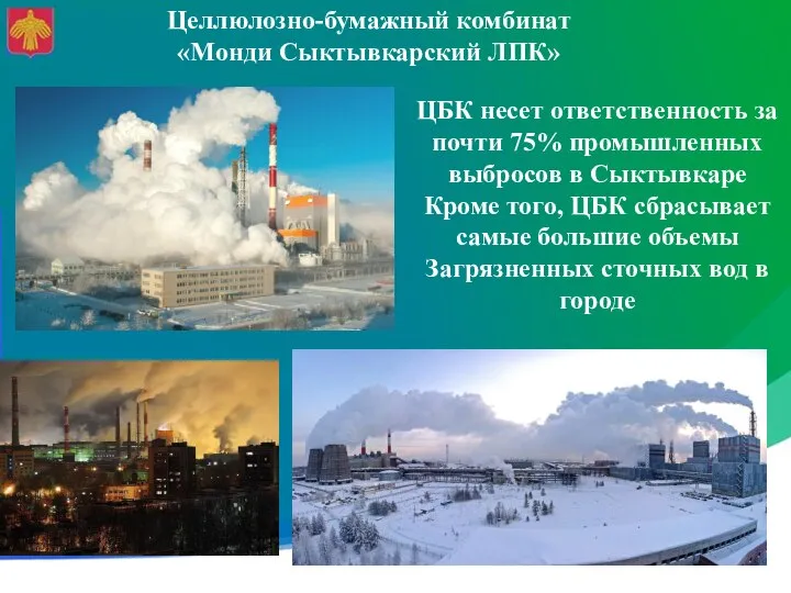 Целлюлозно-бумажный комбинат «Монди Сыктывкарский ЛПК» ЦБК несет ответственность за почти 75% промышленных