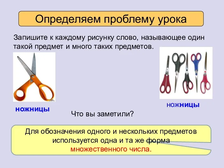 Определяем проблему урока Запишите к каждому рисунку слово, называющее один такой предмет