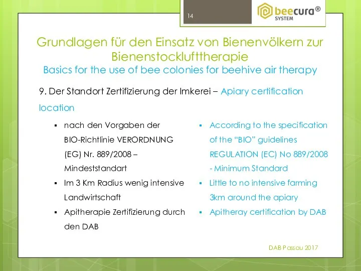 DAB Passau 2017 9. Der Standort Zertifizierung der Imkerei – Apiary certification