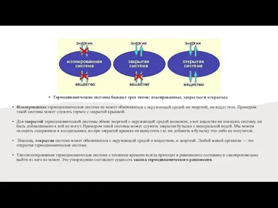 Термодинамические системы бывают трех типов: изолированные, закрытые и открытые. Изолированная термодинамическая система
