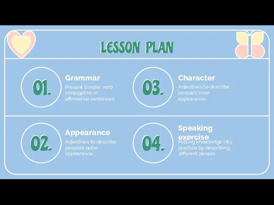 LESSON PLAN Present Simple: verb conjugation in affirmative sentences 01. Adjectives to