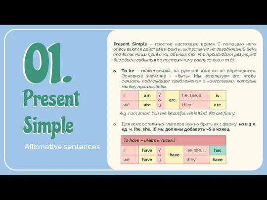 Present Simple 01. Affirmative sentences Present Simple – простое настоящее время. С