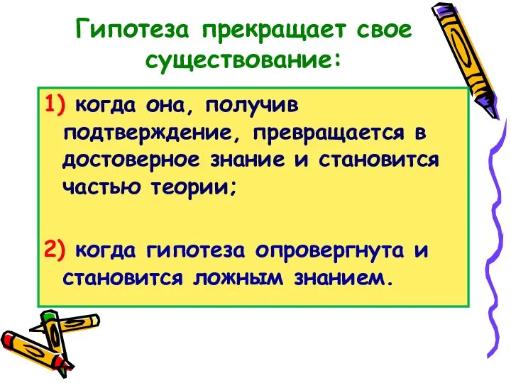 Гипотеза прекращает свое существование: 1) когда она, получив подтверждение, превращается в достоверное