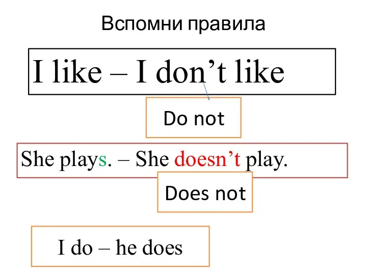 Вспомни правила She plays. – She doesn’t play. I like – I