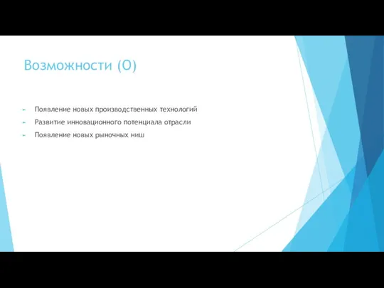 Возможности (O) Появление новых производственных технологий Развитие инновационного потенциала отрасли Появление новых рыночных ниш