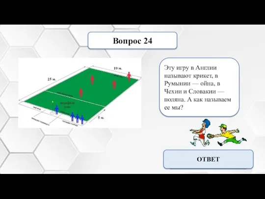 Вопрос 24 Эту игру в Англии называют крикет, в Румынии — ойна,