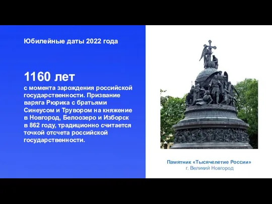 Юбилейные даты 2022 года Памятник «Тысячелетие России» г. Великий Новгород 1160 лет