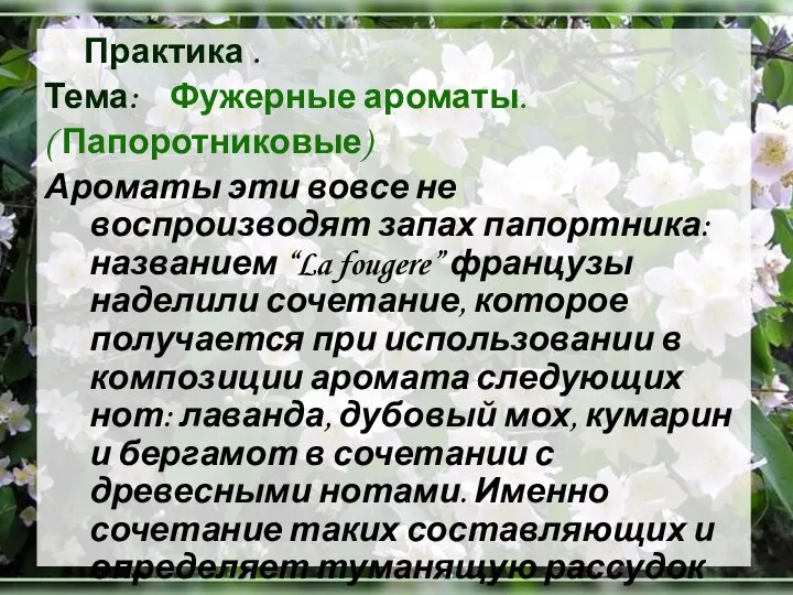 Практика . Тема: Фужерные ароматы. ( Папоротниковые) Ароматы эти вовсе не воспроизводят