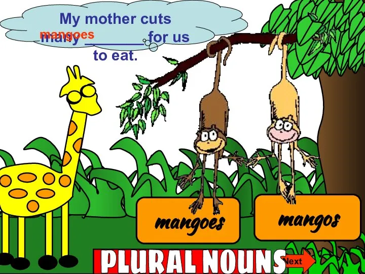 mangoes mangos My mother cuts many _______ for us to eat. Next mangoes