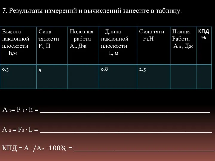 7. Результаты измерений и вычислений занесите в таблицу. А ₁= F ₁