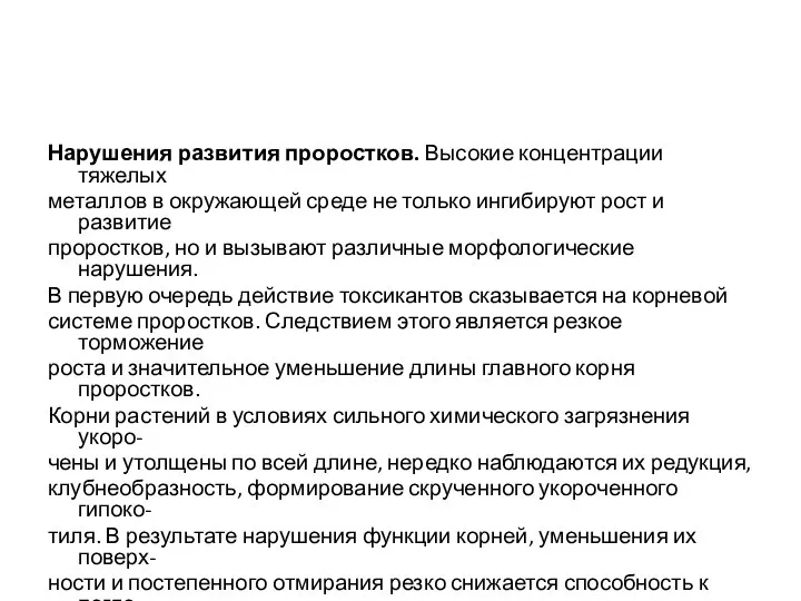 Нарушения развития проростков. Высокие концентрации тяжелых металлов в окружающей среде не только