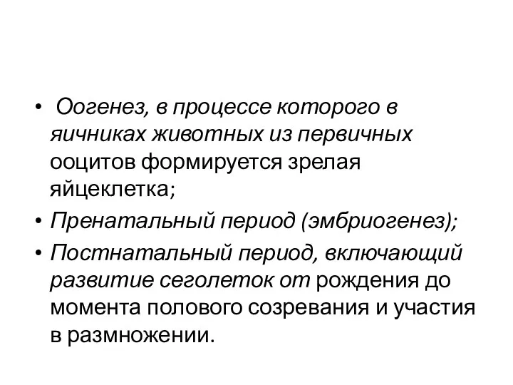 Оогенез, в процессе которого в яичниках животных из первичных ооцитов формируется зрелая