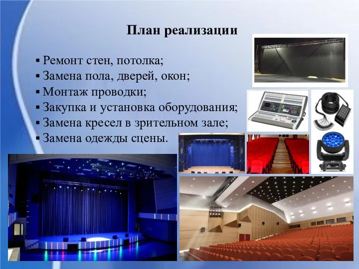 План реализации Ремонт стен, потолка; Замена пола, дверей, окон; Монтаж проводки; Закупка