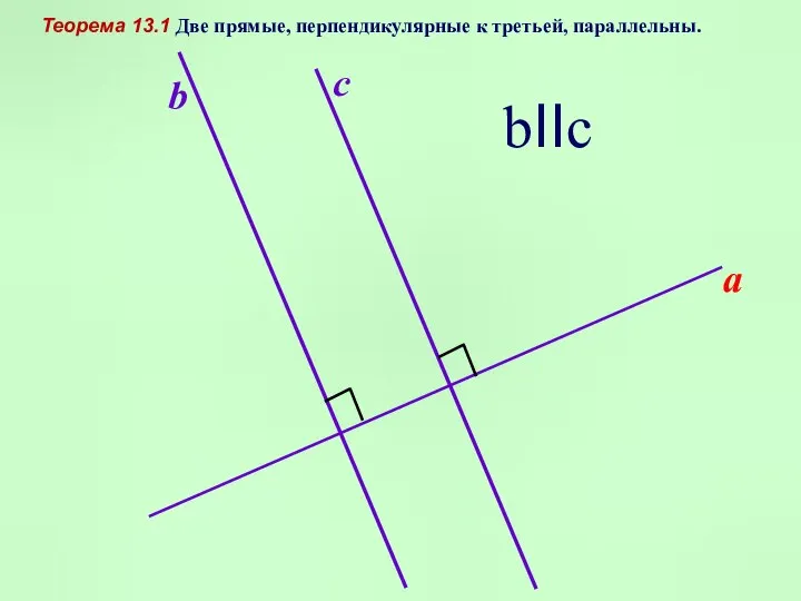 a b c bIIc Теорема 13.1 Две прямые, перпендикулярные к третьей, параллельны.