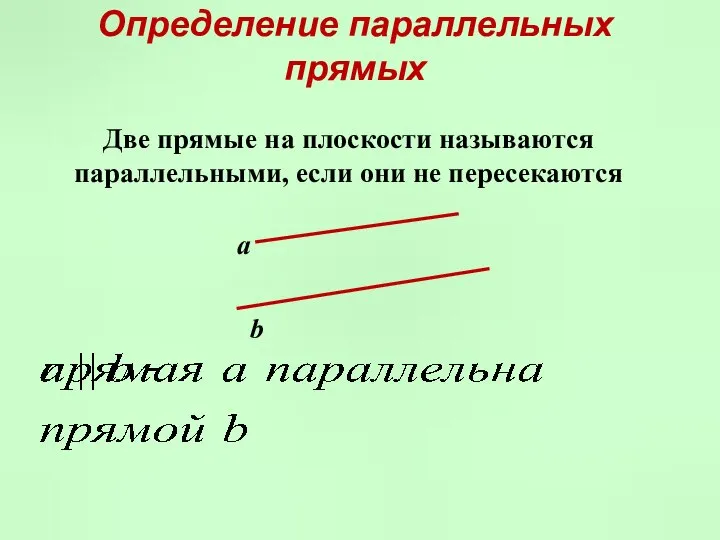 Определение параллельных прямых Две прямые на плоскости называются параллельными, если они не пересекаются